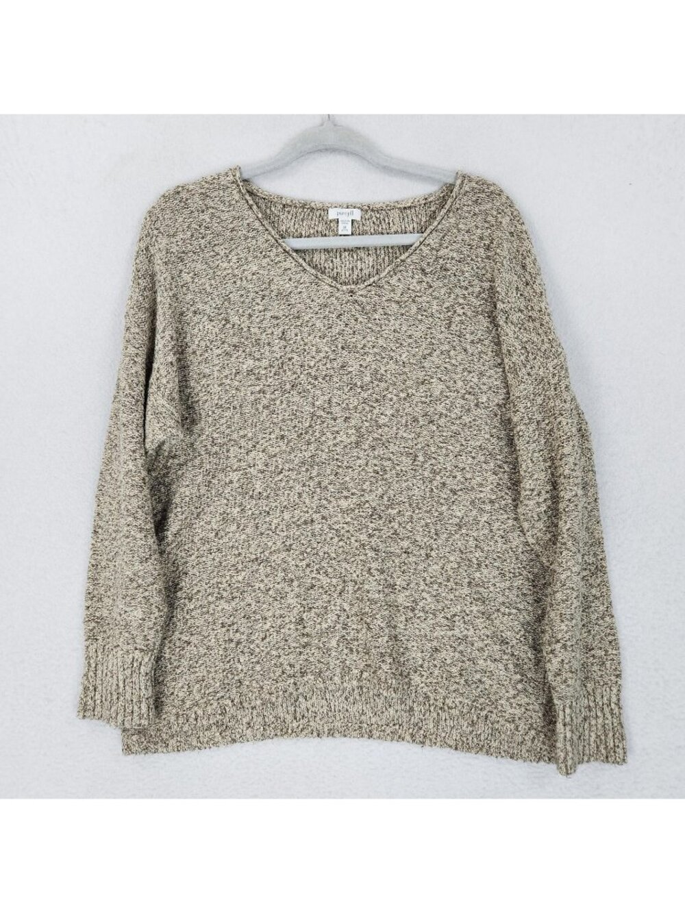 J Jill Sweater Womens Medium Petite Beige Marled V Neck Knit Pure Jill Pullover